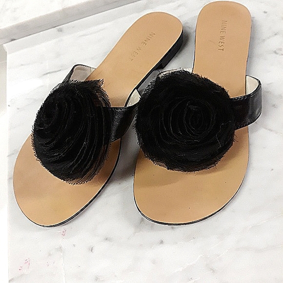 NINE WEST Frayed Chiffon Rose Thong Slides Slip-on Mule Sandals NWT - Picture 6 of 6